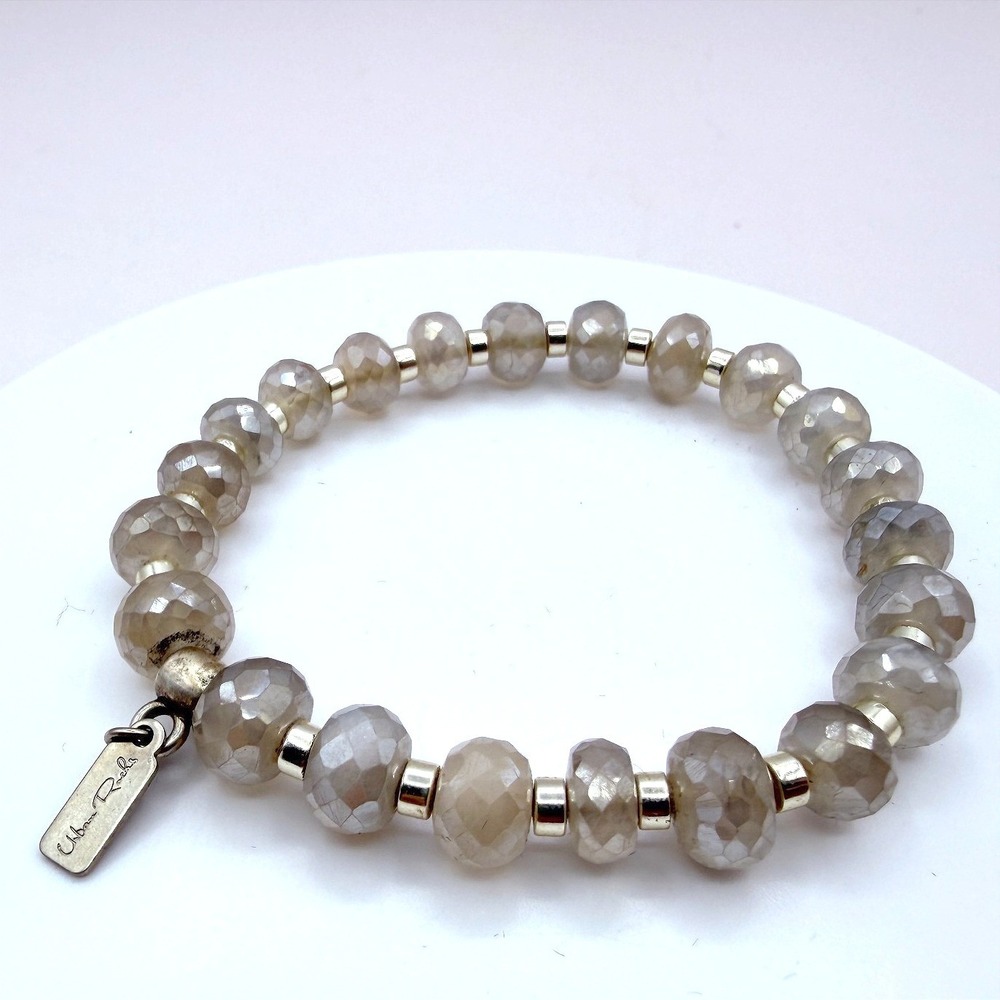 VTG Gold Tone Beaded Stretch Bracelet Champagne Faceted Simulated Moonstone Boho